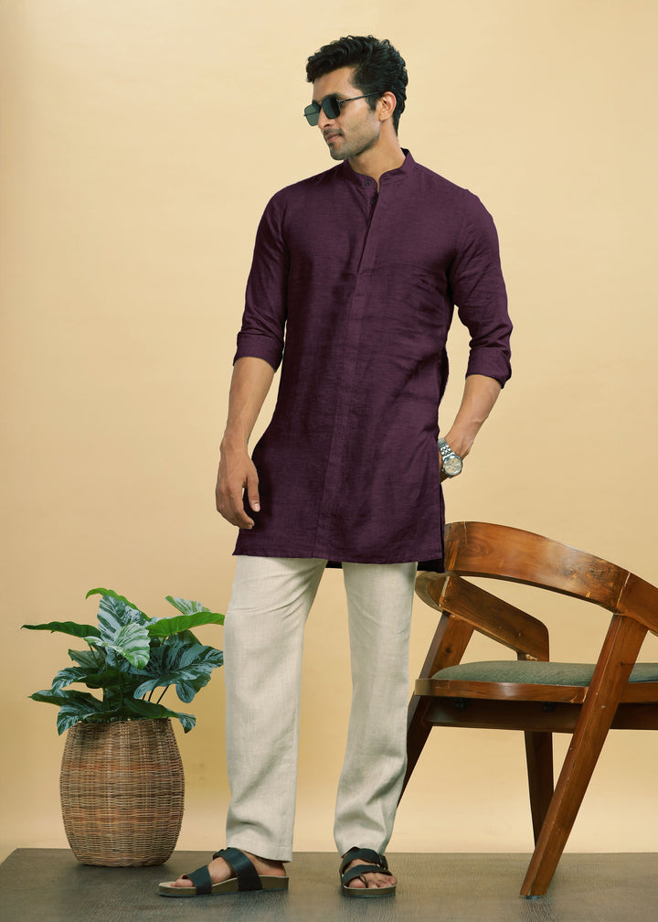 Sid Kurta 100% Pure Linen in Dark Purple with Band Collar crafted in 60 LEA