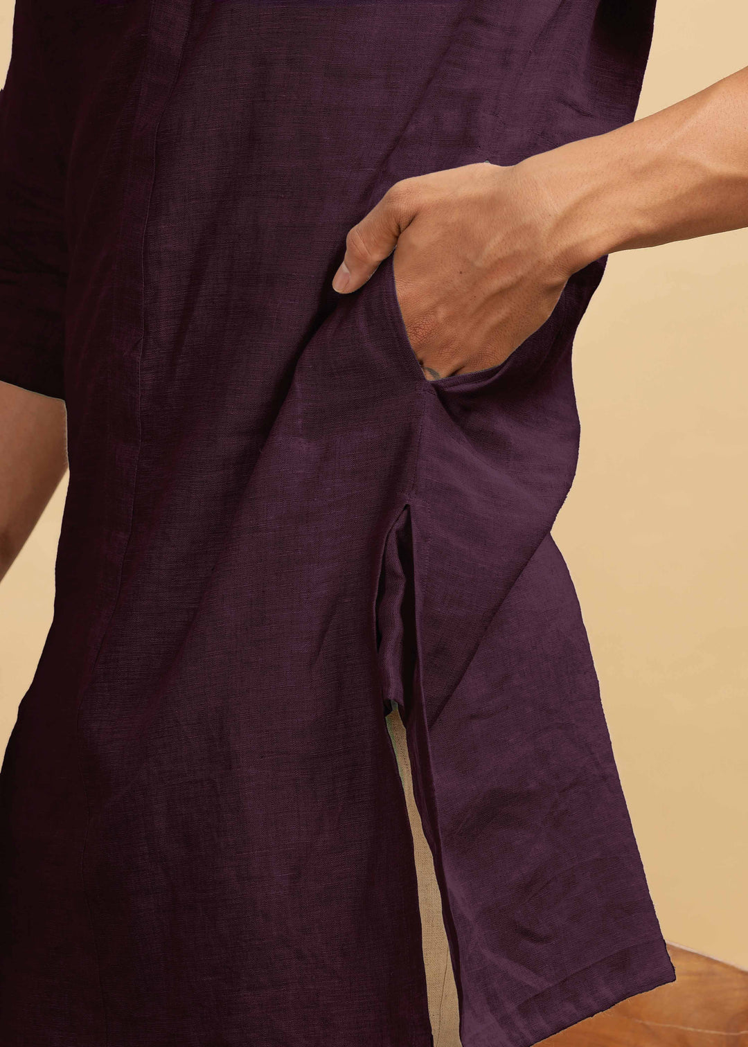 Sid Kurta 100% Pure Linen in Dark Purple with Band Collar crafted in 60 LEA