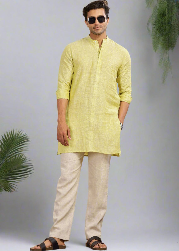 Sid Kurta - Pure Linen Chambray Long Kurta with Concealed Placket | Lime Green Chambray