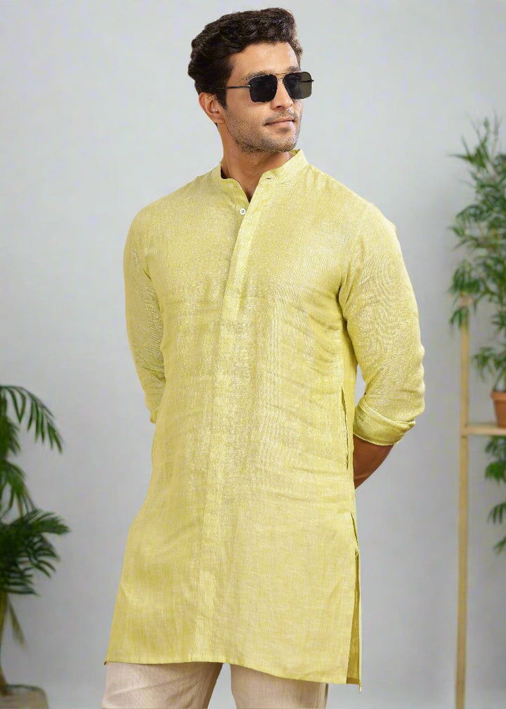 Sid Kurta - Pure Linen Long Chambray Kurta with Concealed Placket | Lime Green