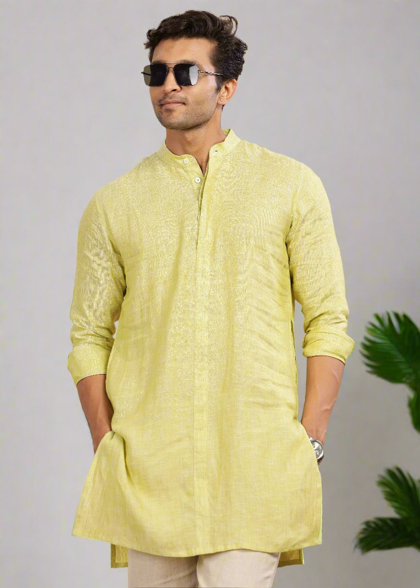 Sid Kurta - Pure Linen Chambray Long Kurta with Concealed Placket | Lime Green Chambray