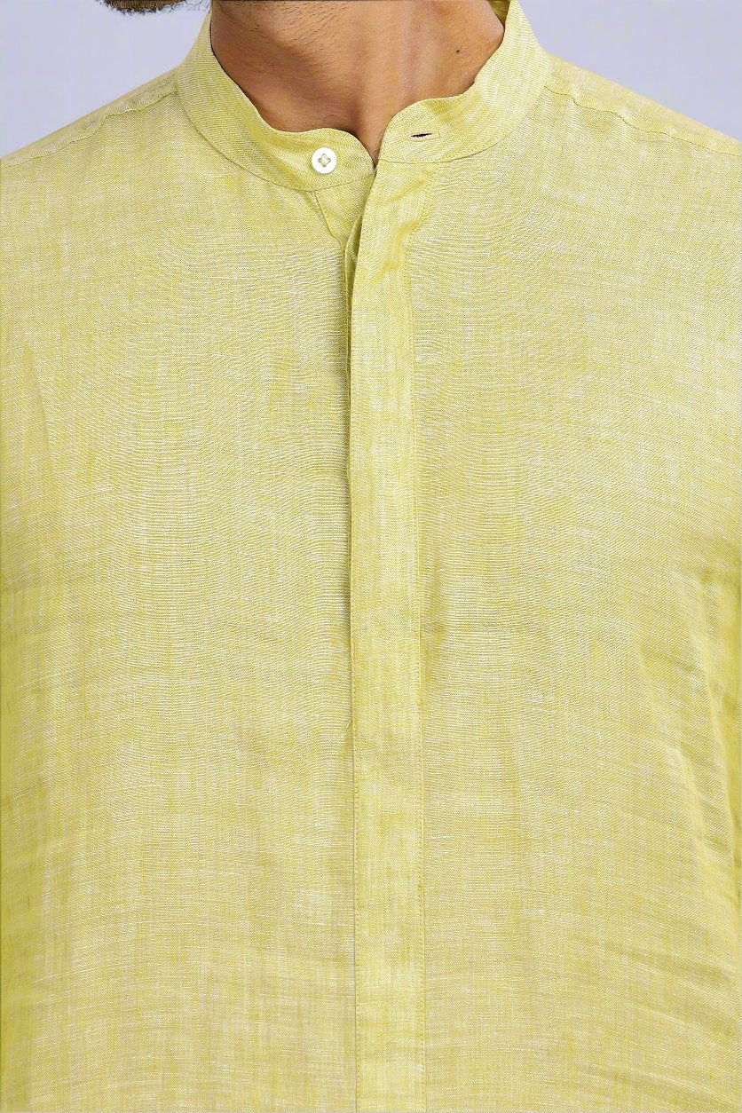 Sid Kurta Set - Pure Linen Long Kurta Set with Concealed Placket | Lime Green Chambray & Ecru