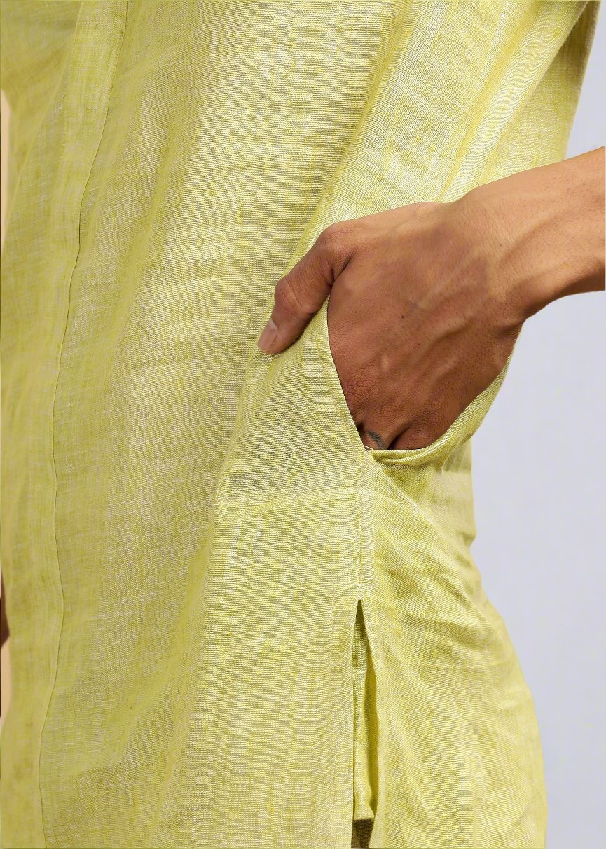 Sid Kurta - Pure Linen Chambray Long Kurta with Concealed Placket | Lime Green Chambray