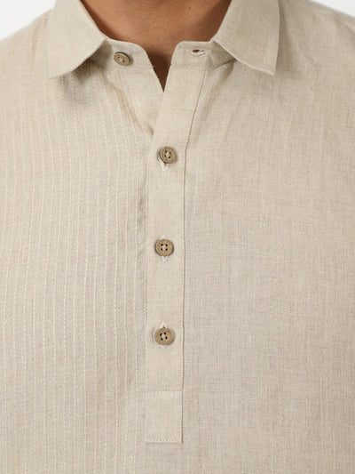 Silus - Pure Linen Half Placket Stitch Detailed Shirt - Dark Ecru