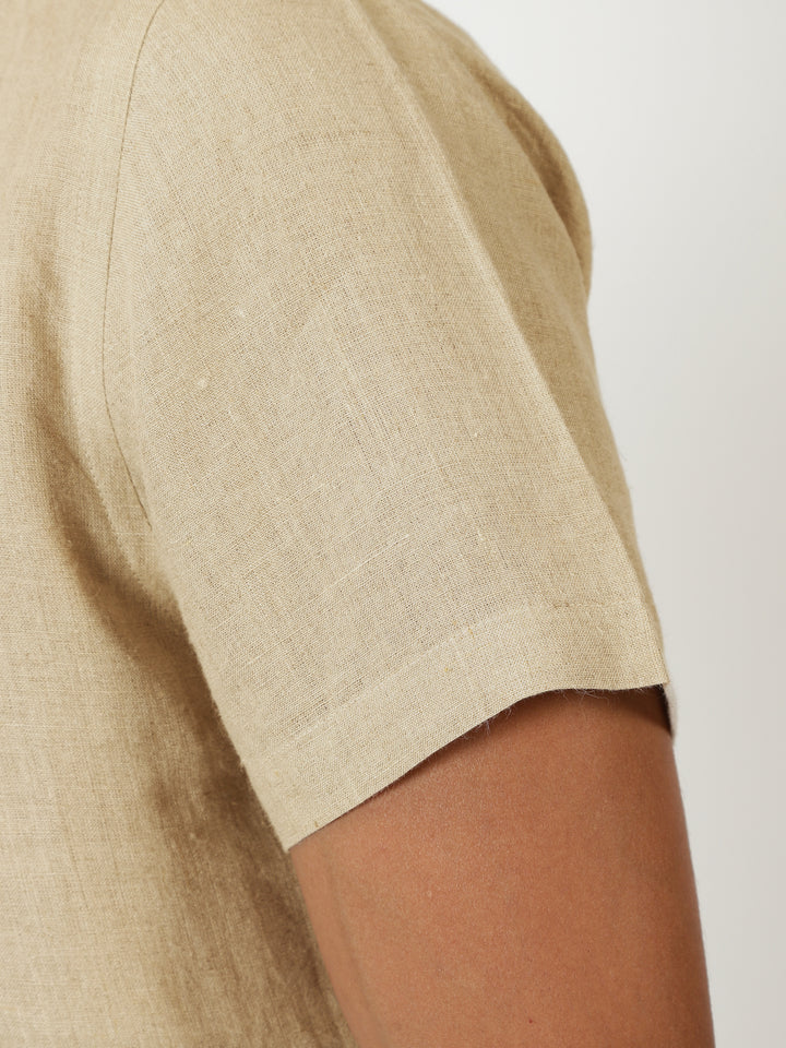 Silus - Pure Linen Half Placket Stitch Detailed Shirt - Light Tea Yellow