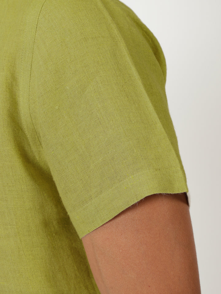 Silus - Pure Linen Half Placket Stitch Detailed Shirt - Sap Green