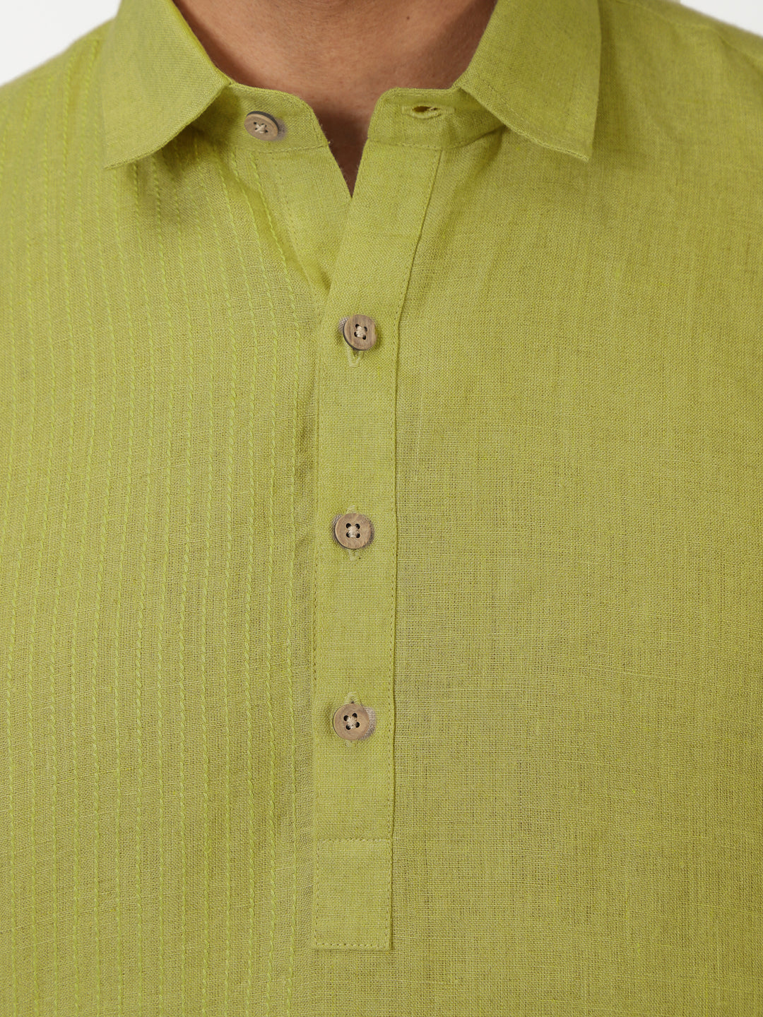 Silus - Pure Linen Half Placket Stitch Detailed Shirt - Sap Green