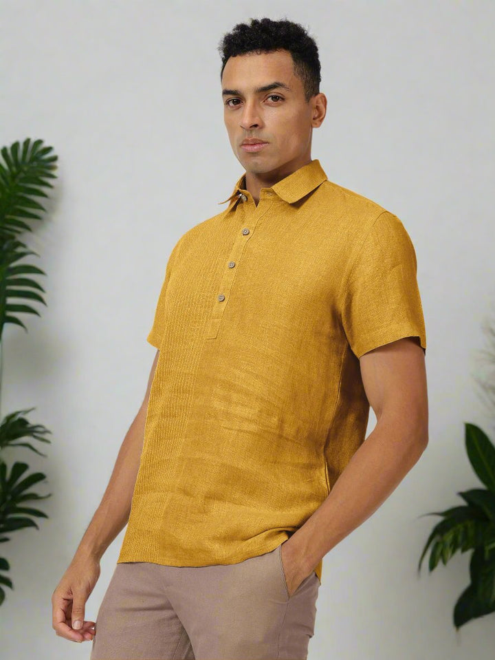 Silus - Pure Linen Half Placket Stitch Detailed Shirt - Spicy Mustard