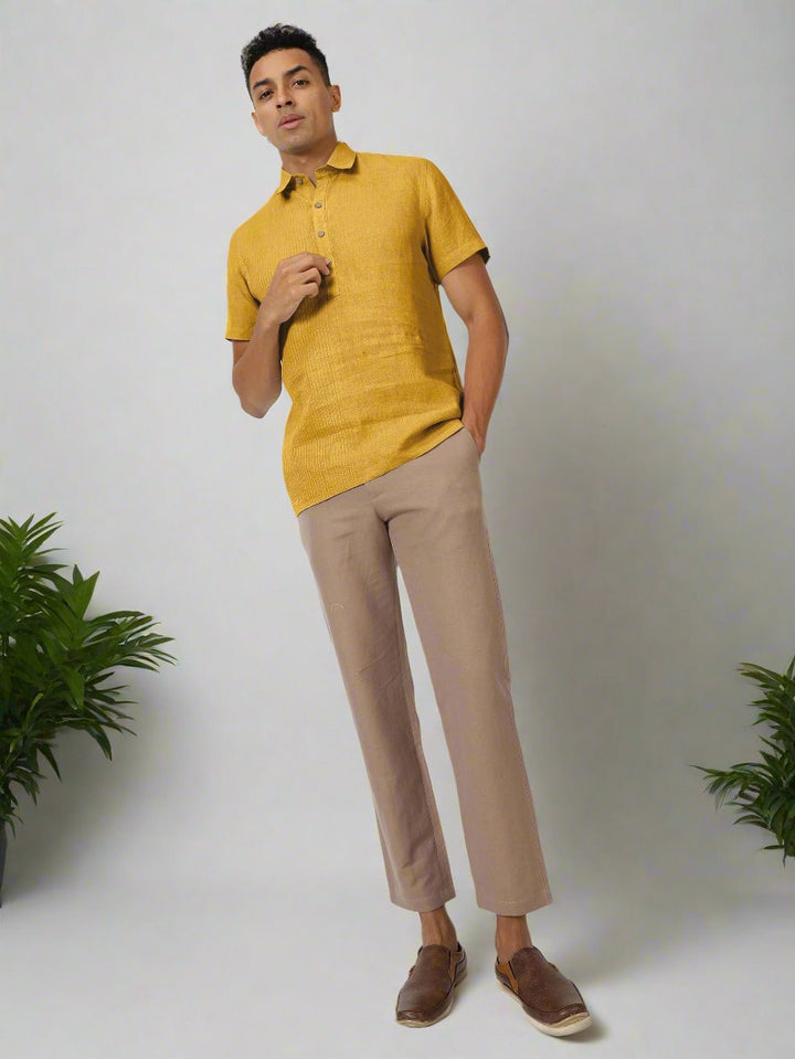 Silus - Pure Linen Half Placket Stitch Detailed Shirt - Spicy Mustard