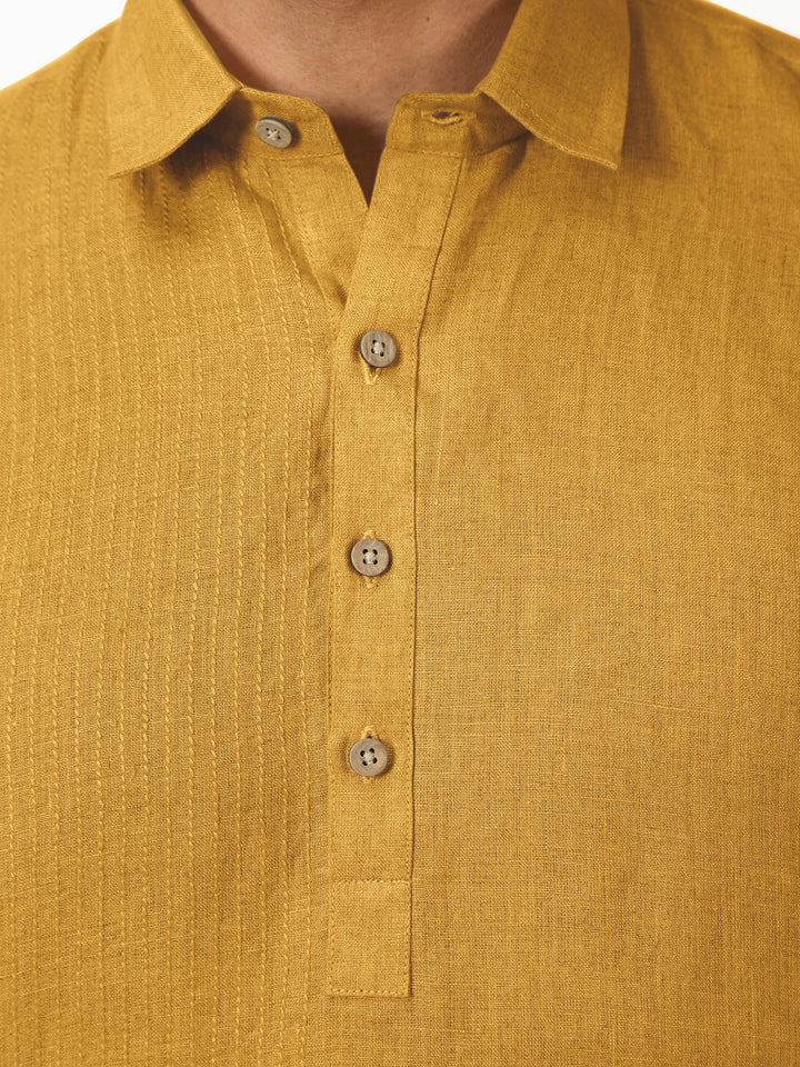 Silus - Pure Linen Half Placket Stitch Detailed Shirt - Spicy Mustard