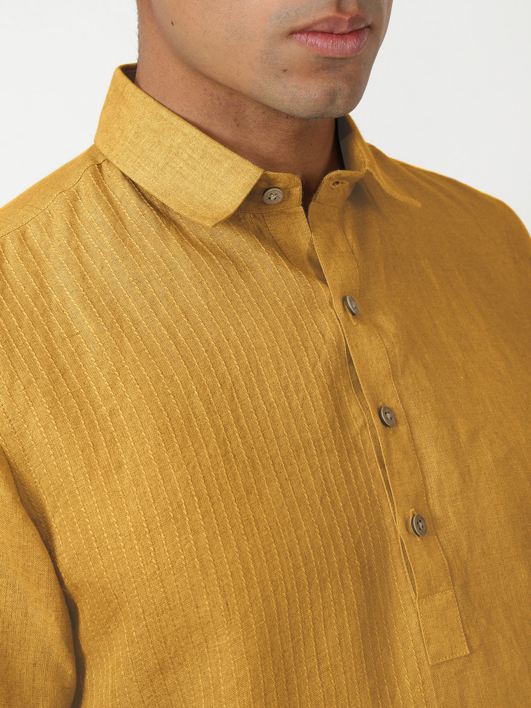 Silus - Pure Linen Half Placket Stitch Detailed Shirt - Spicy Mustard