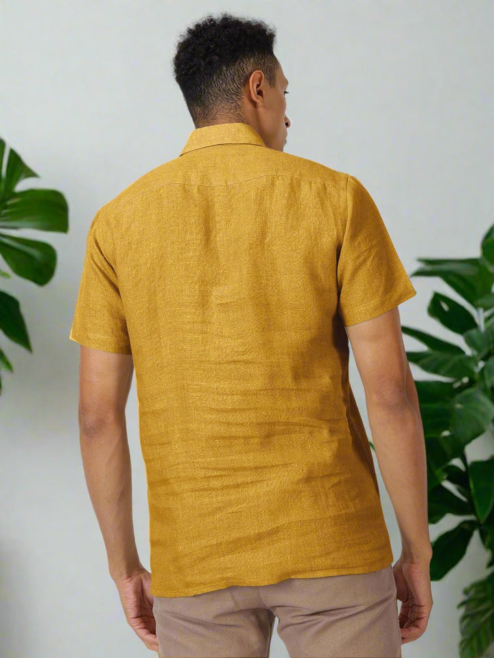 Silus - Pure Linen Half Placket Stitch Detailed Shirt - Spicy Mustard