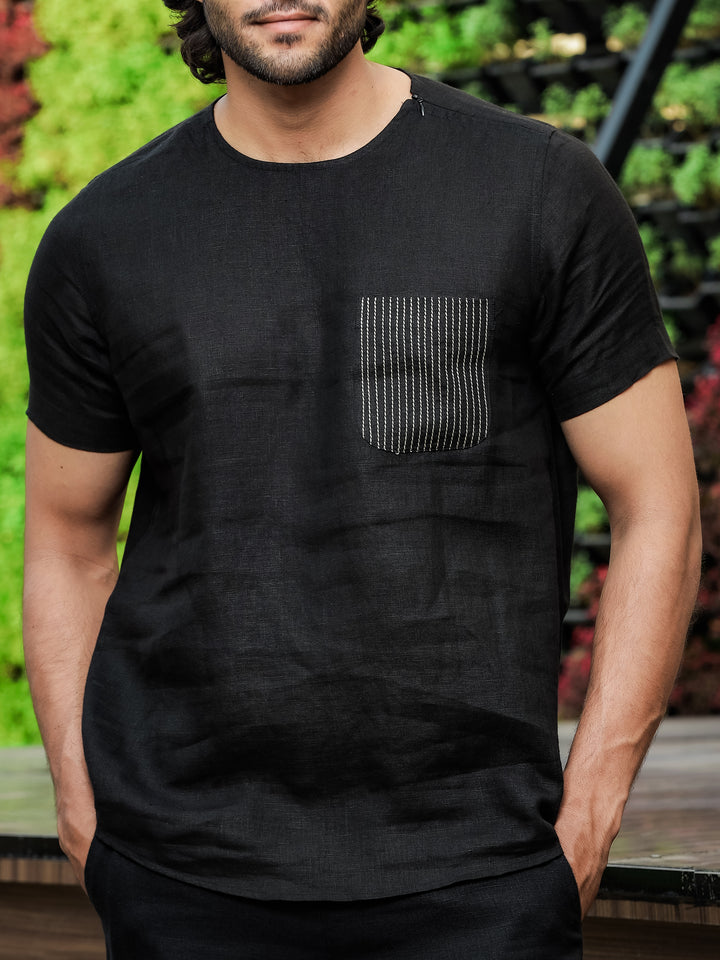 Simon - Pure Linen Stitch Detail Short Sleeve T-Shirt - Black