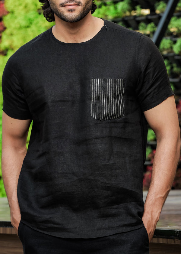 Simon - Pure Linen Stitch Detail Short Sleeve T-Shirt - Black