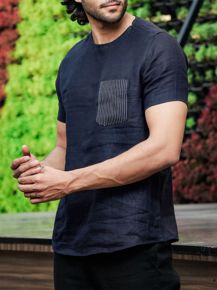 Simon - Pure Linen Stitch Detail Short Sleeve T-Shirt - Dark Blue