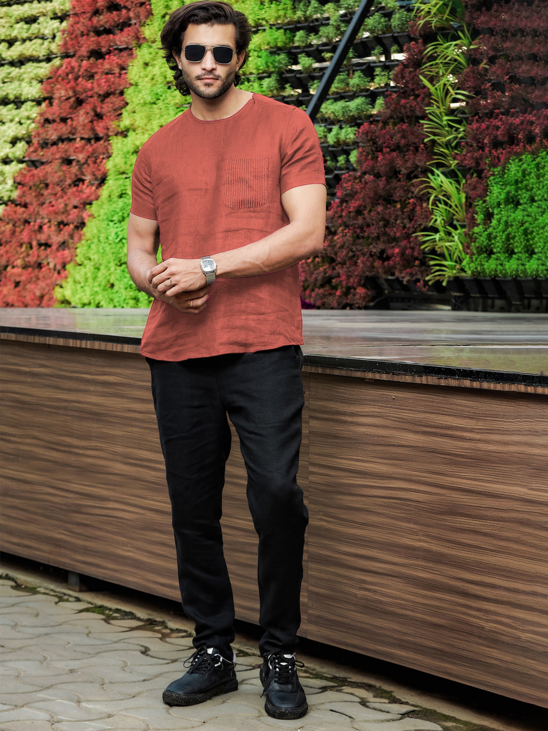 Simon - Pure Linen Stitch Detail Short Sleeve T-Shirt - Terracotta Red