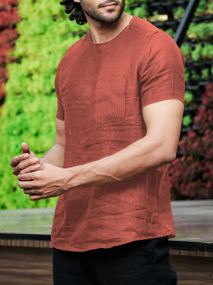 Simon - Pure Linen Stitch Detail Short Sleeve T-Shirt - Terracotta Red