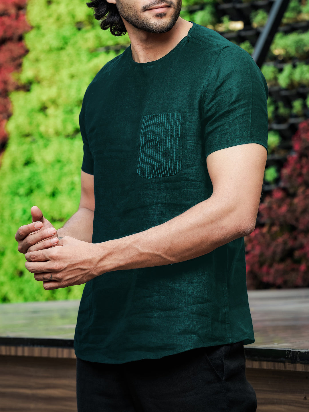 Simon - Pure Linen Stitch Detail Short Sleeve T-Shirt - Dark Pine Green