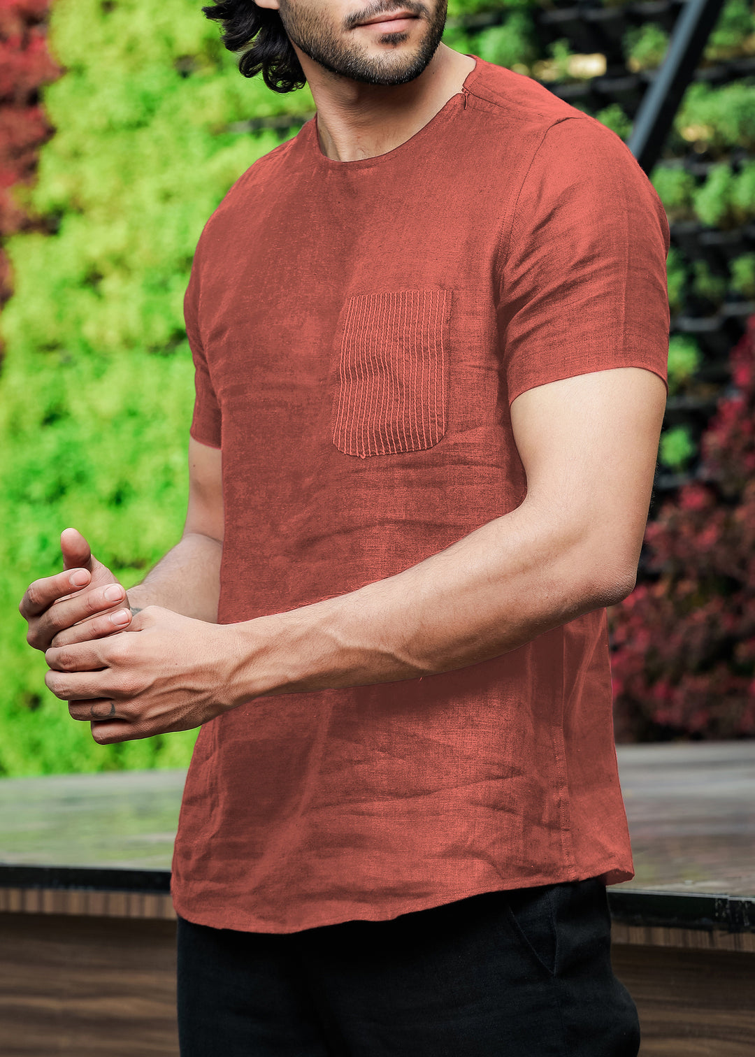 Simon - Pure Linen Stitch Detail Short Sleeve T-Shirt - Terracotta Red