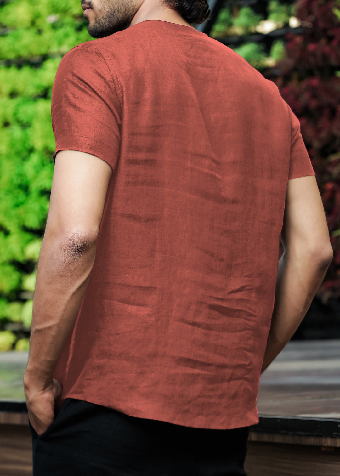 Simon - Pure Linen Stitch Detail Short Sleeve T-Shirt - Terracotta Red