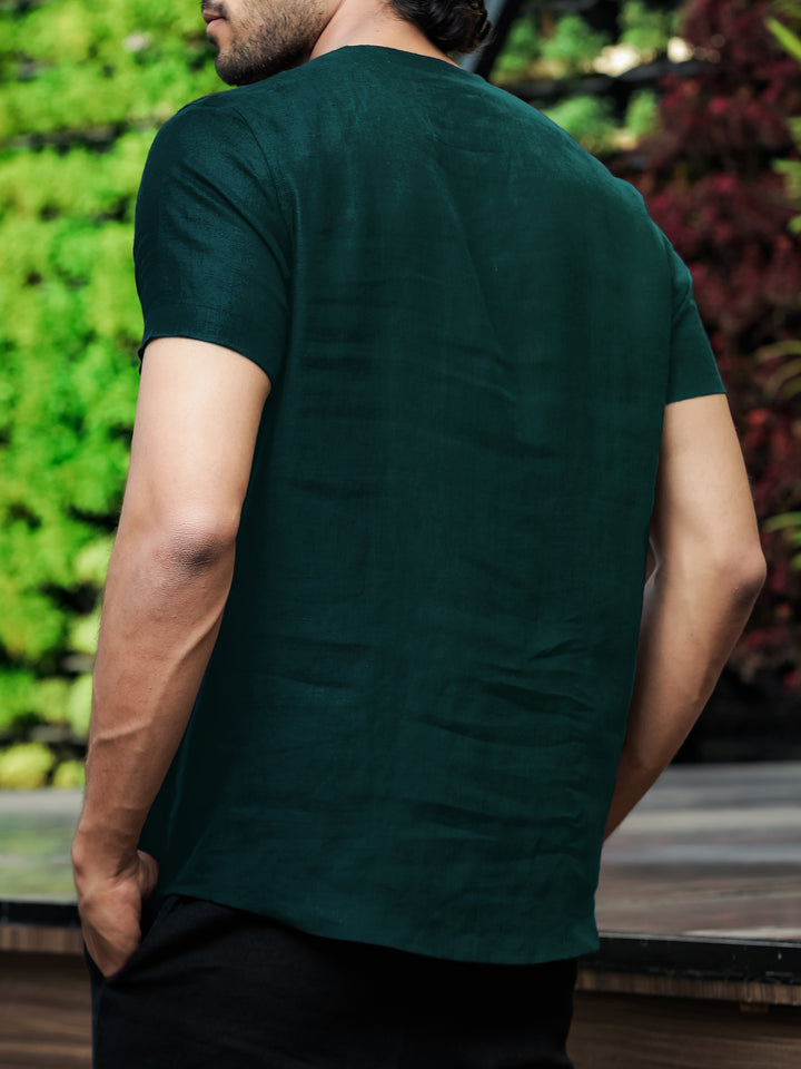 Simon - Pure Linen Stitch Detail Short Sleeve T-Shirt - Dark Pine Green