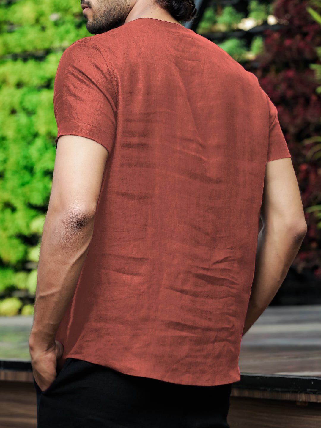 Simon - Pure Linen Stitch Detail Short Sleeve T-Shirt - Terracotta Red