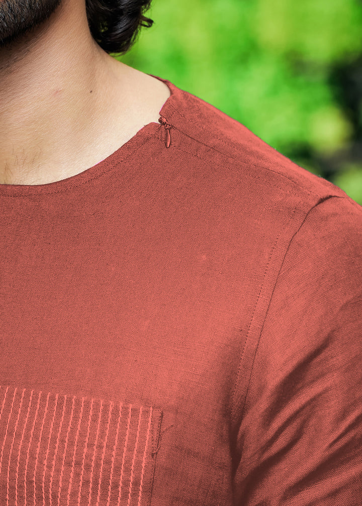 Simon - Pure Linen Stitch Detail Short Sleeve T-Shirt - Terracotta Red