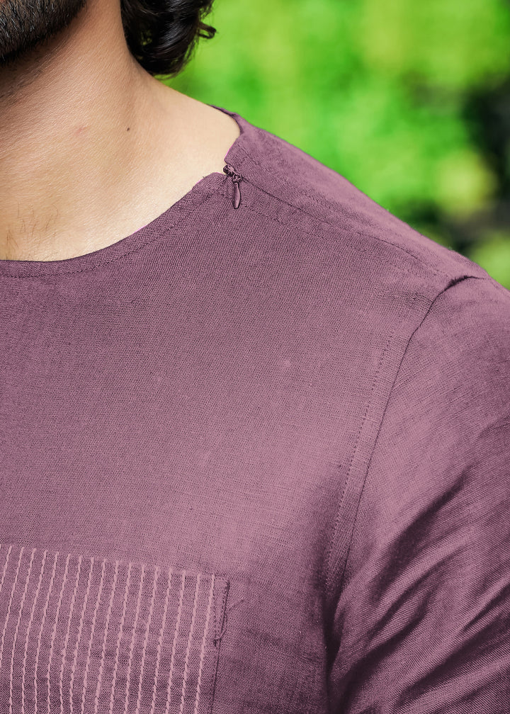 Simon - Pure Linen Stitch Detail Short Sleeve T-Shirt - Berry Purple