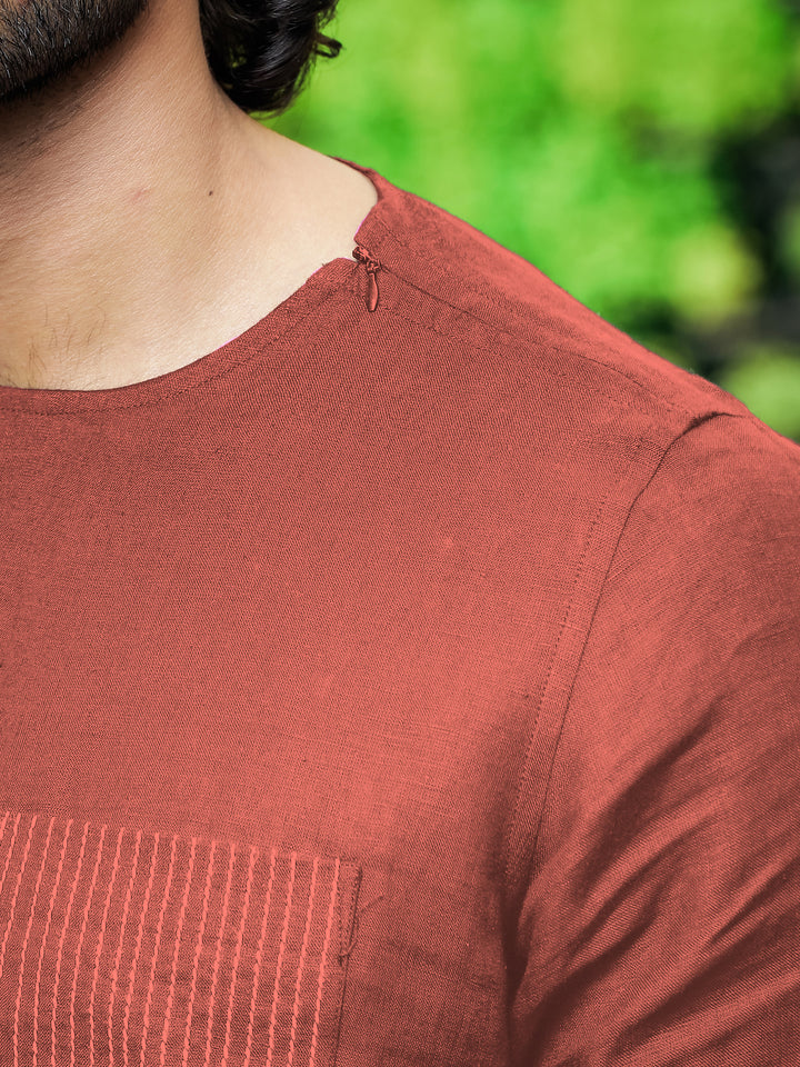 Simon - Pure Linen Stitch Detail Short Sleeve T-Shirt - Terracotta Red