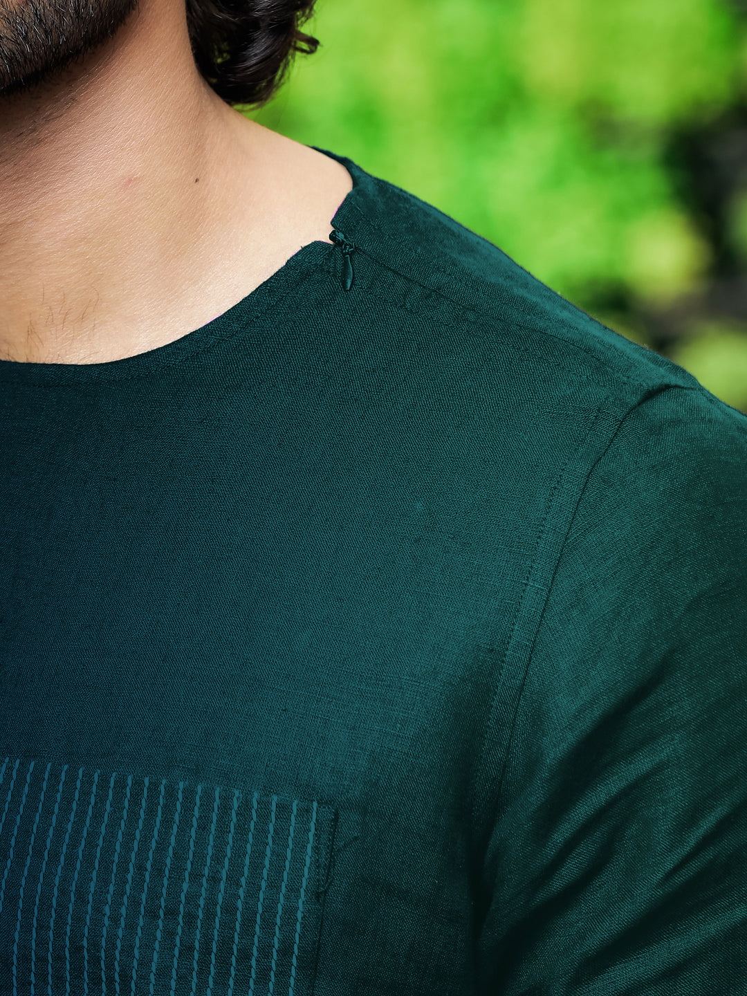 Simon - Pure Linen Stitch Detail Short Sleeve T-Shirt - Dark Pine Green