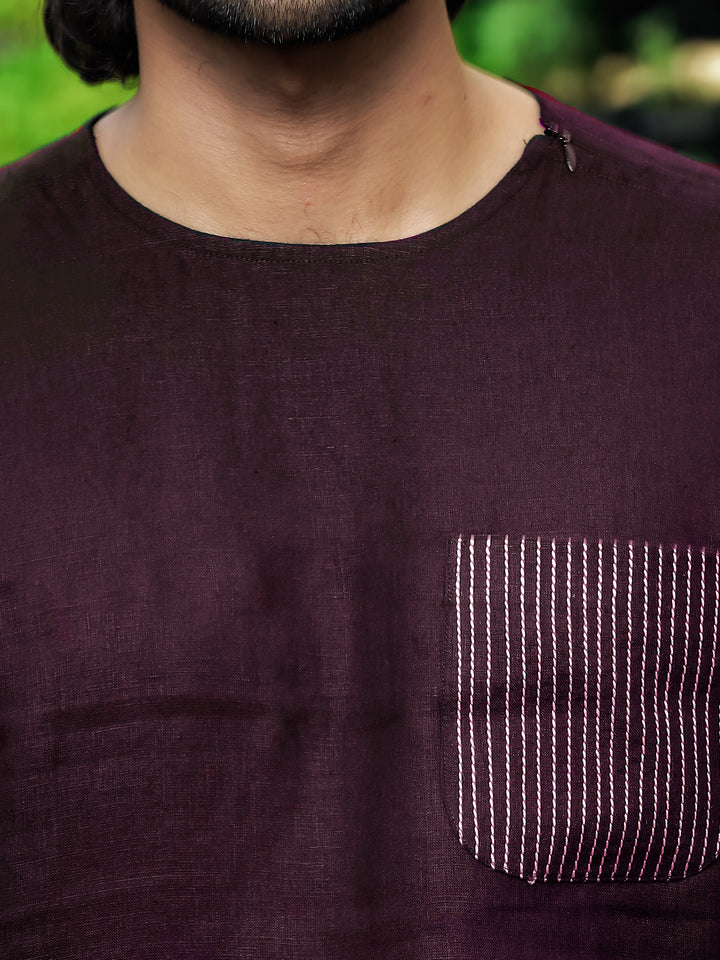 Simon - Pure Linen Stitch Detail Short Sleeve T-Shirt - Dark Purple