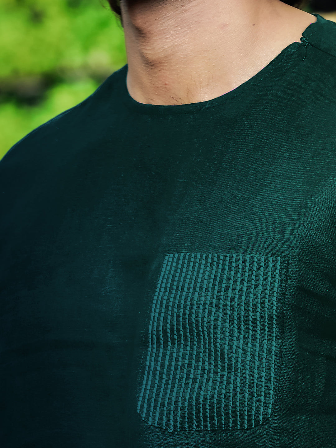 Simon - Pure Linen Stitch Detail Short Sleeve T-Shirt - Dark Pine Green