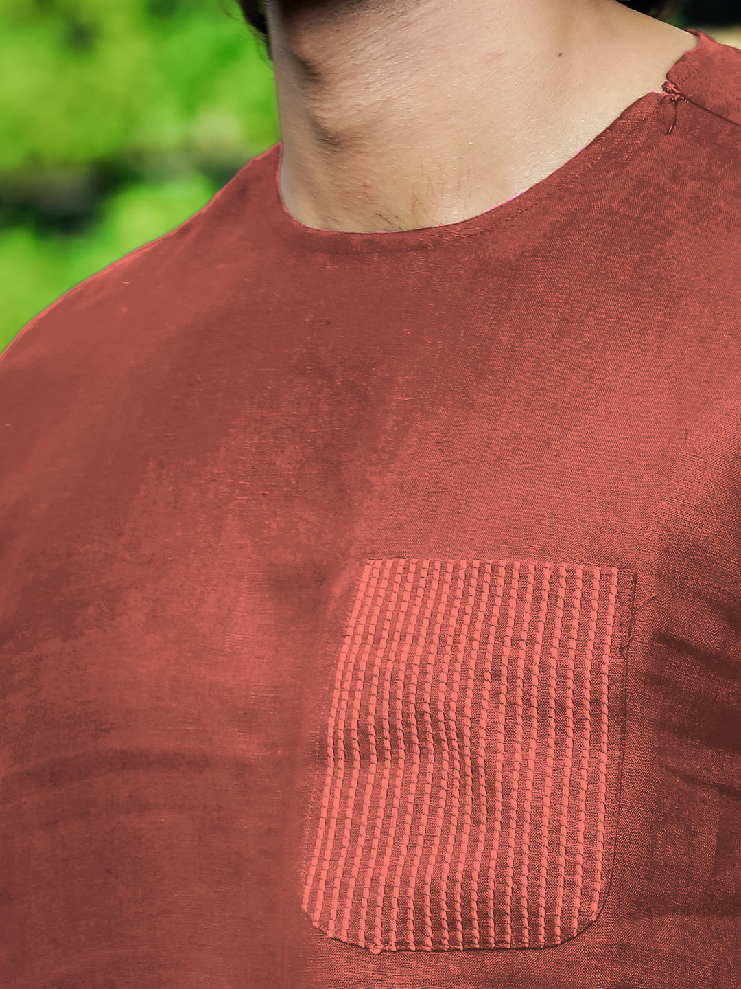 Simon - Pure Linen Stitch Detail Short Sleeve T-Shirt - Terracotta Red