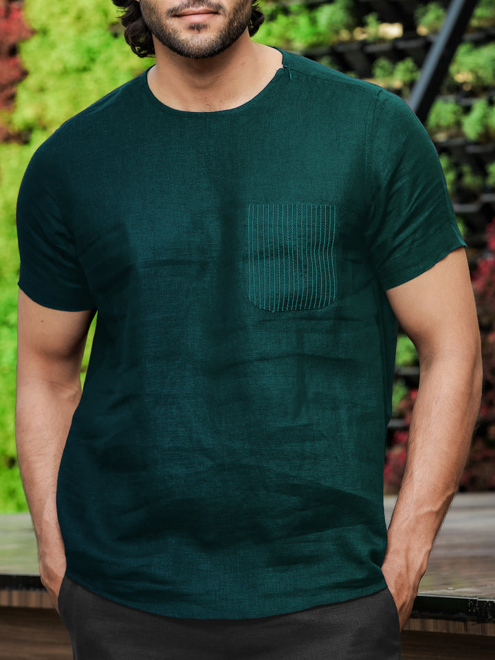 Simon - Pure Linen Stitch Detail Short Sleeve T-Shirt - Dark Pine Green