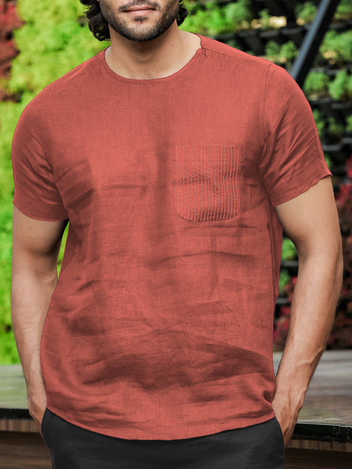 Simon - Pure Linen Stitch Detail Short Sleeve T-Shirt - Terracotta Red