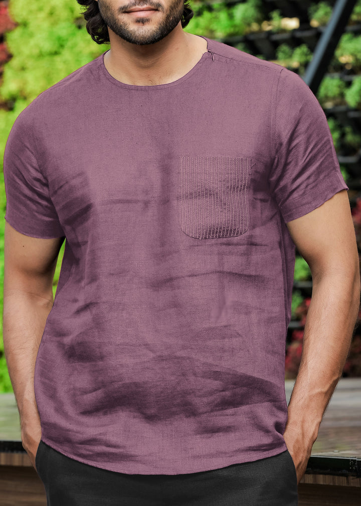 Simon - Pure Linen Stitch Detail Short Sleeve T-Shirt - Berry Purple