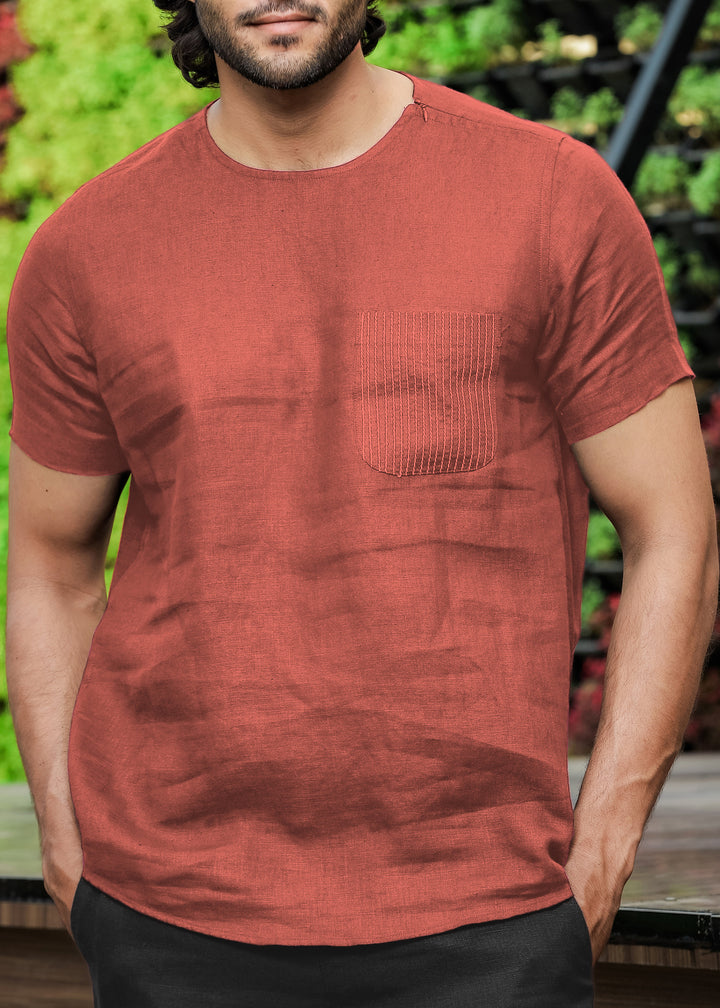 Simon - Pure Linen Stitch Detail Short Sleeve T-Shirt - Terracotta Red