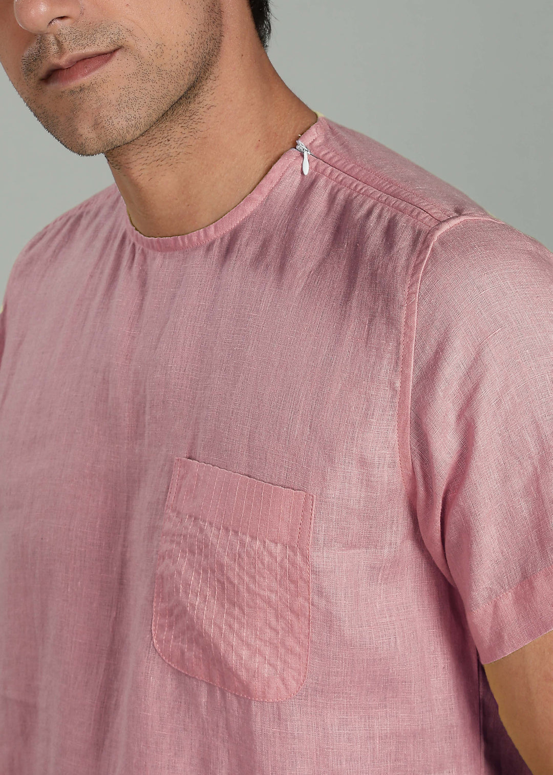 Simon - Pure Linen Stitch Detail Short Sleeve T-Shirt - Dusty Pink