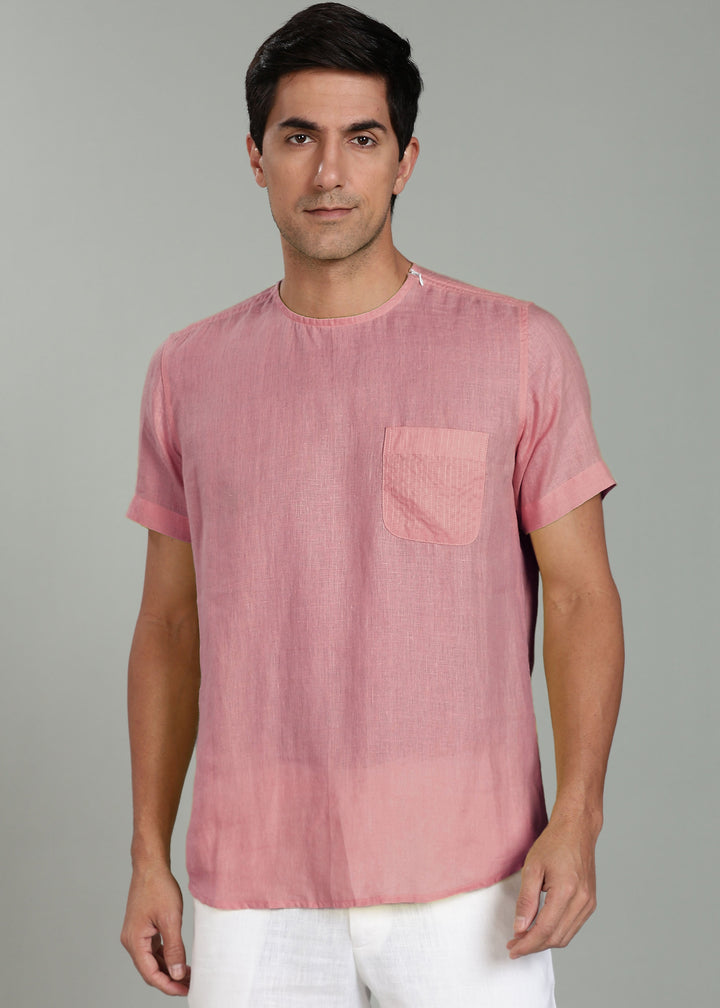 Simon - Pure Linen Stitch Detail Short Sleeve T-Shirt - Dusty Pink