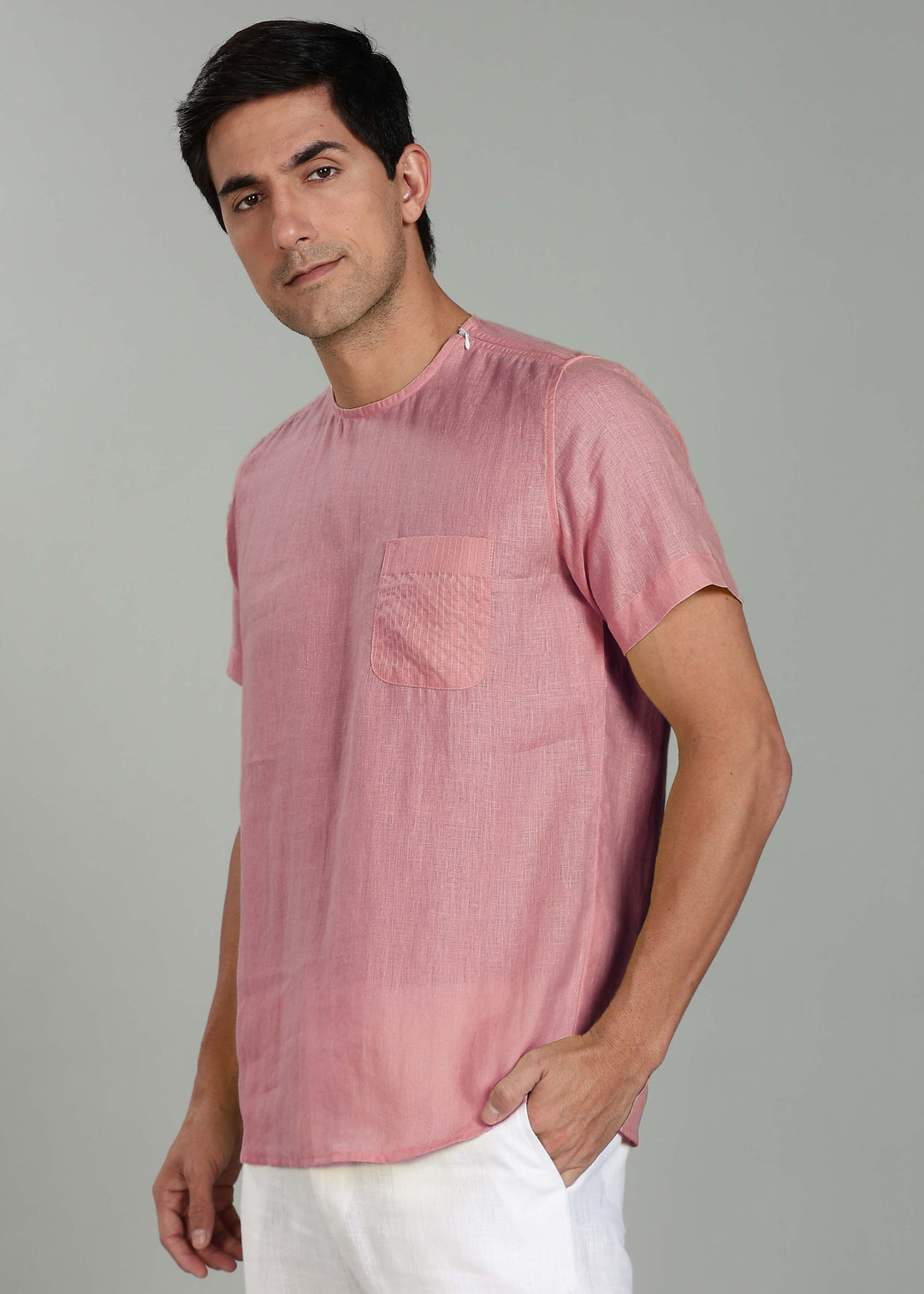 Simon - Pure Linen Stitch Detail Short Sleeve T-Shirt - Dusty Pink