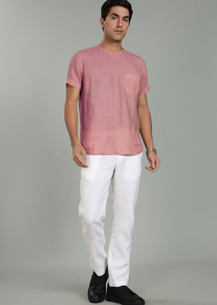 Simon - Pure Linen Stitch Detail Short Sleeve T-Shirt - Dusty Pink