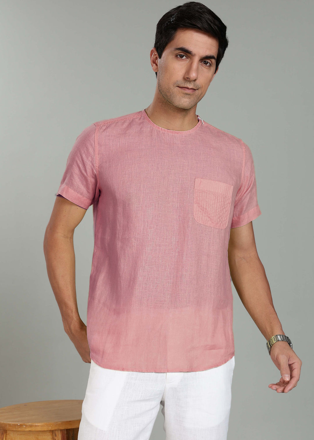 Simon - Pure Linen Stitch Detail Short Sleeve T-Shirt - Dusty Pink
