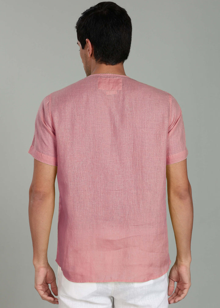 Simon - Pure Linen Stitch Detail Short Sleeve T-Shirt - Dusty Pink