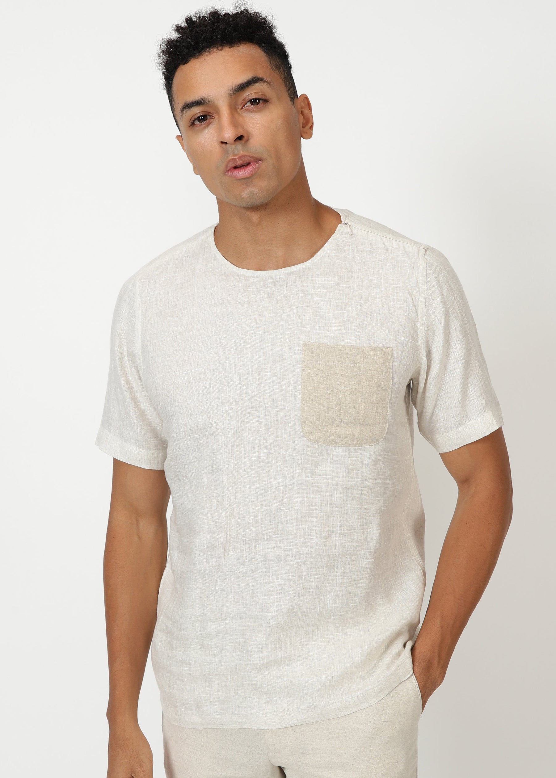 Ecru Pure Linen Colour Block Short Sleeve TShirt Linen Trail