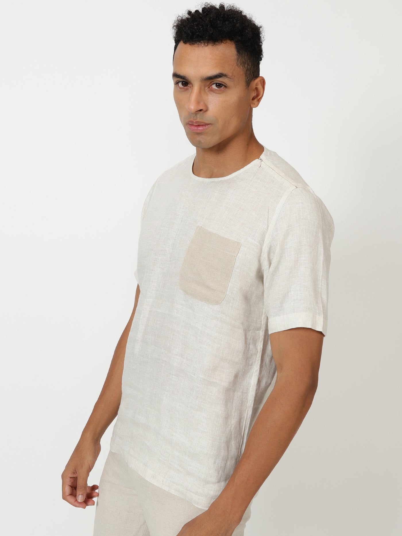 Simon - Pure Linen Colour Block Short Sleeve T-Shirt - Ecru
