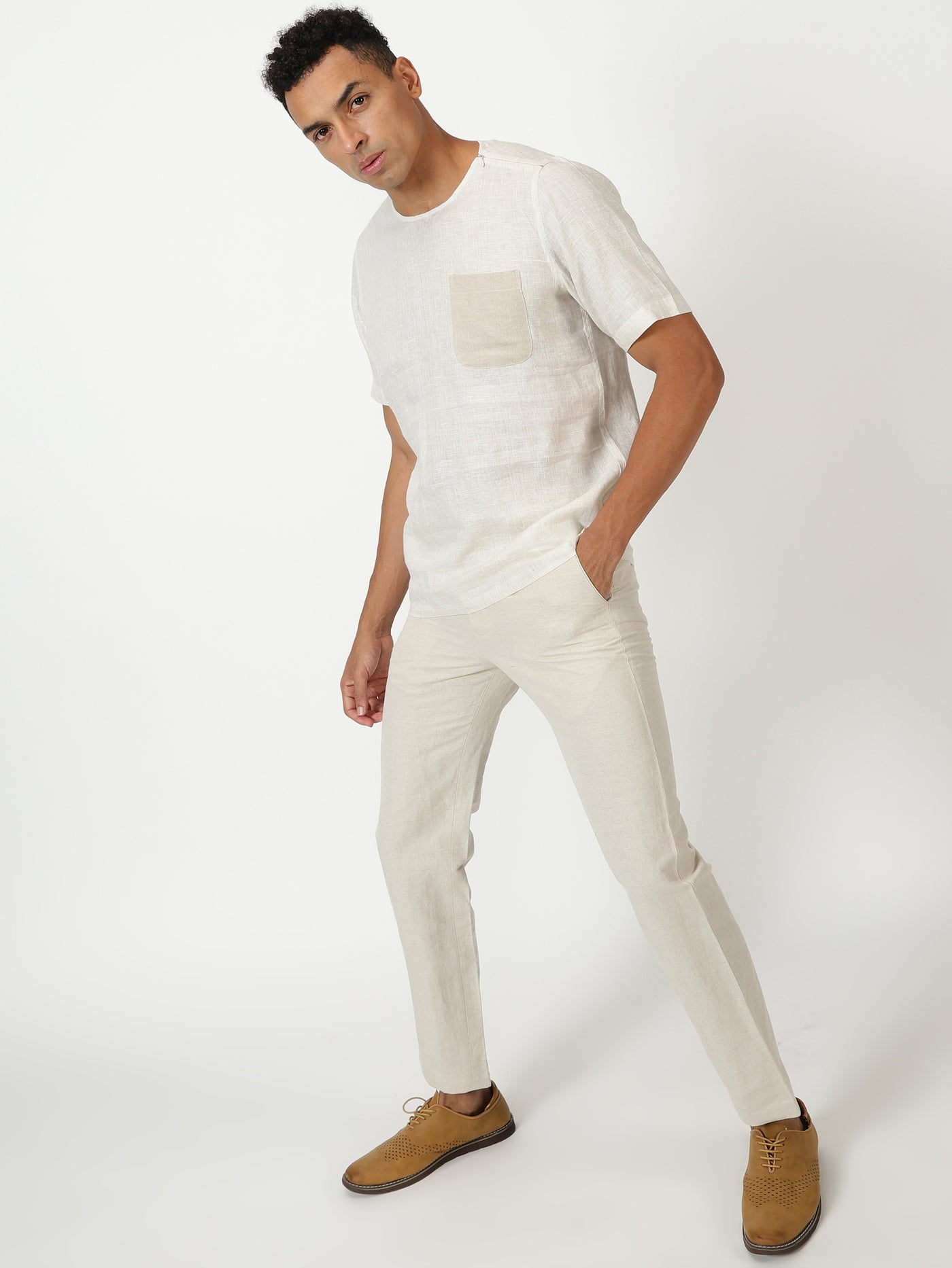 Simon - Pure Linen Colour Block Short Sleeve T-Shirt - Ecru