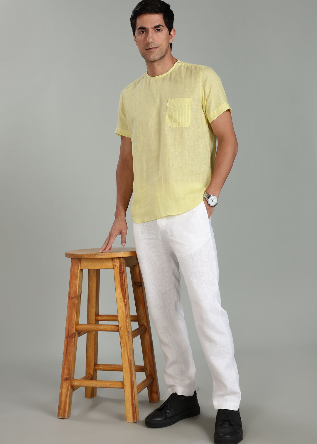 Simon - Pure Linen Stitch Detail Short Sleeve T-Shirt - Honeysuckle Yellow