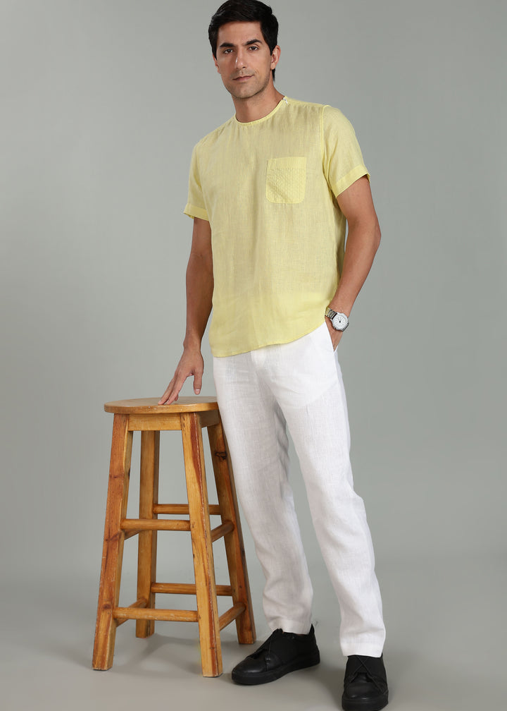 Simon - Pure Linen Stitch Detail Short Sleeve T-Shirt - Honeysuckle Yellow