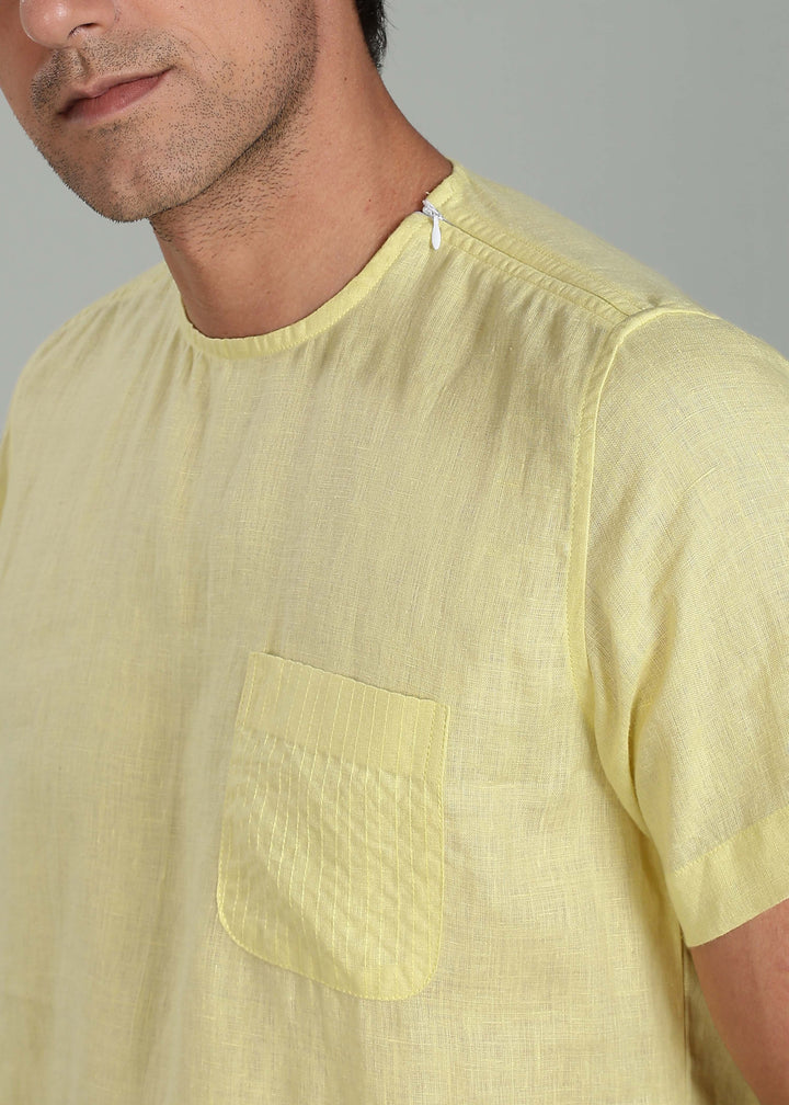 Simon - Pure Linen Stitch Detail Short Sleeve T-Shirt - Honeysuckle Yellow