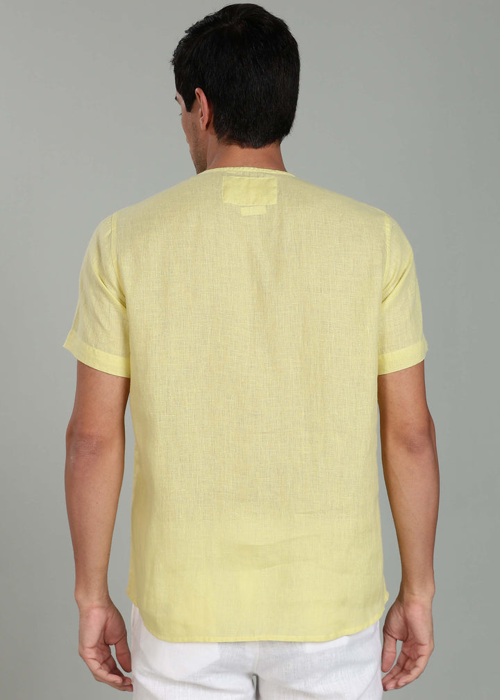 Simon - Pure Linen Stitch Detail Short Sleeve T-Shirt - Honeysuckle Yellow